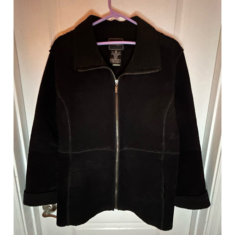 Vintage Outbrook Genuine Leather Sherpa Fleece Black Jacket Sz Womens Large